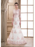 Elbow Sleeves Rose Pink Lace Tulle Wedding Dress